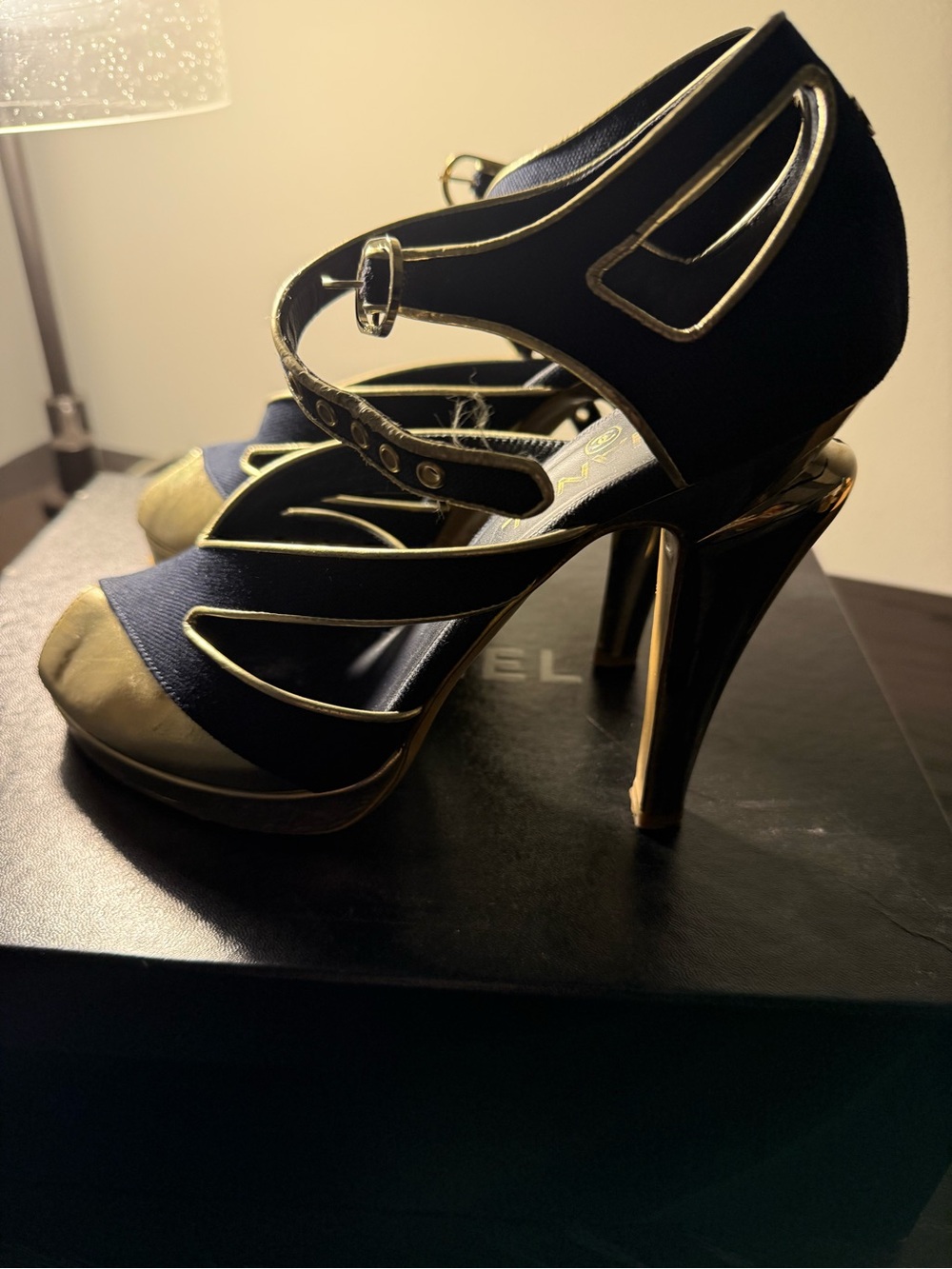 CHANEL Black and Gold Strappy High Heel Sandals